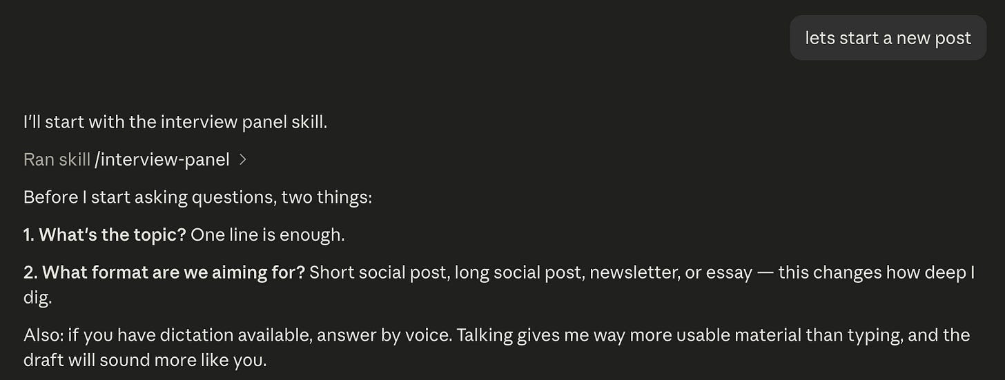AI interview panel asking for the topic and format before starting a new post
