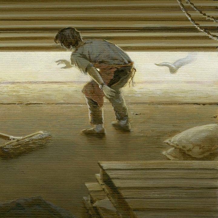 LEFT: Detail from THE MIST BEYOND featuring Norm the bag boy wearing an apron and bent at the waist to peer beneath the bay door in the grocery stockroom. He freezes in terror as a tentacle slithers at him through the gap. RIGHT: Photo of brush strokes that prompted THE MIST BEYOND including a lighter horizontal line of yellow defining the opening of the overhead door and darker brush strokes suggesting the bent over figure.