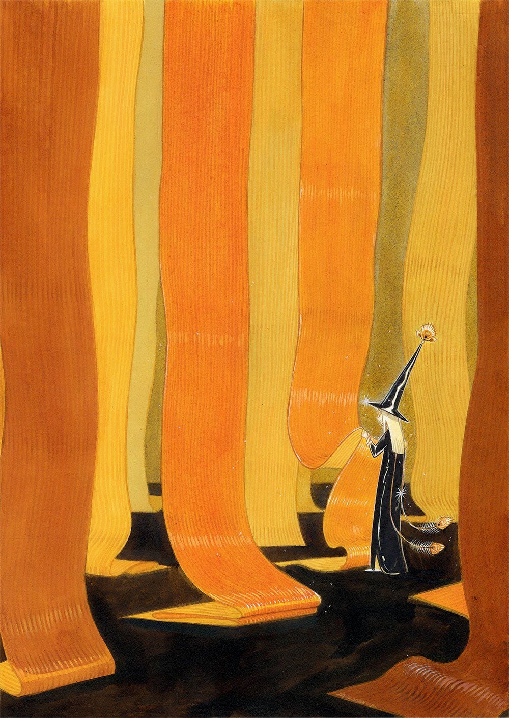 A stylized illustration of a tall, thin wizard in a long black robe and pointed hat walking through a surreal forest of huge vertical golden-orange ribbons or tree-like columns, their curved bases resting on a dark ground. The wizard’s wand and hat brim sparkle with tiny white stars, and warm yellow light glows around them against the otherwise abstract, monochrome backgroun