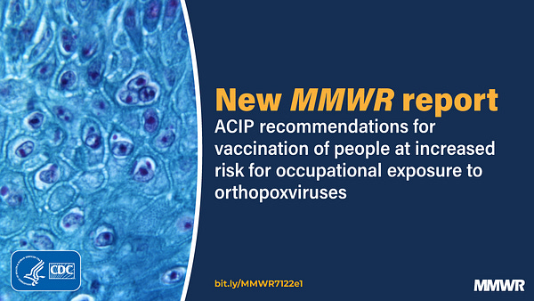 Text graphic saying, "New MMWR report. ACIP recommendations for vaccination of people at increased risk for occupational exposure to orthopoxviruses."