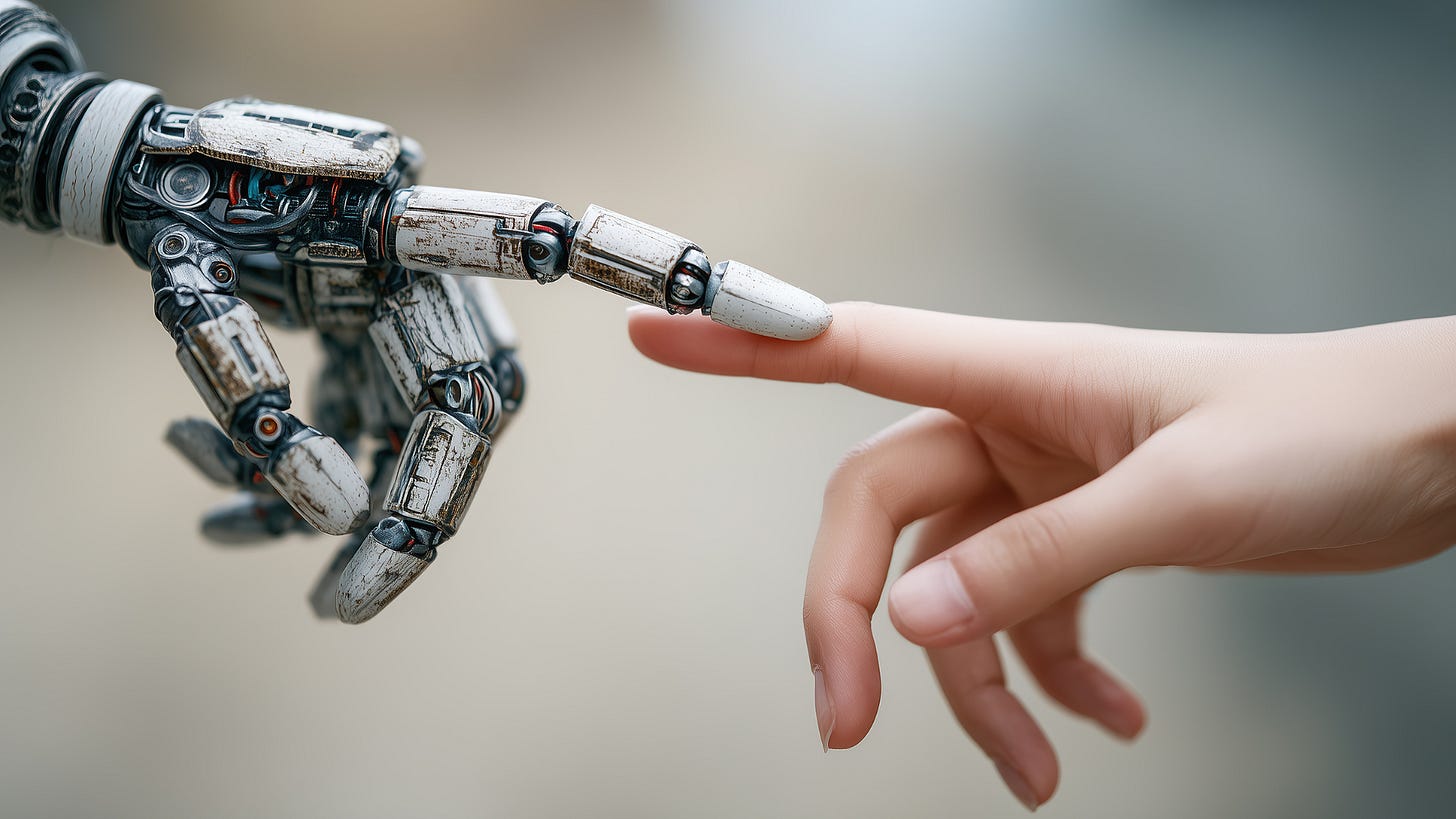 Illustration of a robotic hand touching a human hand Illustration of a robotic hand touching a human hand