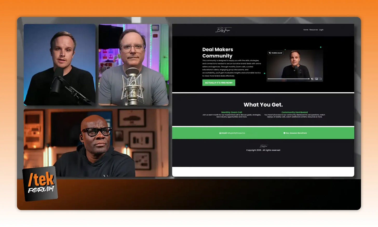 Three-person livestream panel (two top tiles and one bottom tile) alongside a website/product preview on the right Three-person livestream panel (two top tiles and one bottom tile) alongside a website/product preview on the right