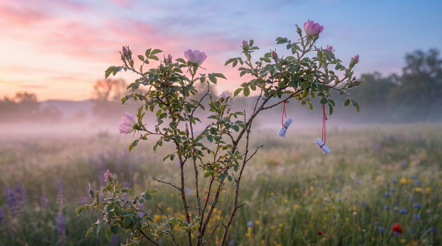Wild rose tree at dawn, Hıdırellez wishes tied to branches with red threads, flowering meadow in the morning mist