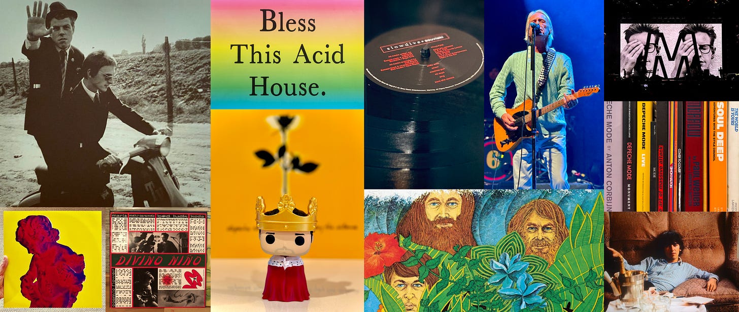 Collage of music related images including artist photographs, album art, live concert photography, books and art objects. The artists and bands featured are The Style Council, New Order, Divino Niño, Jeremy Deller, Depeche Mode, Slowdive, Paul Weller, The Beach Boys, and George Harrison. Collage of music related images including artist photographs, album art, live concert photography, books and art objects. The artists and bands featured are The Style Council, New Order, Divino Niño, Jeremy Deller, Depeche Mode, Slowdive, Paul Weller, The Beach Boys, and George Harrison.