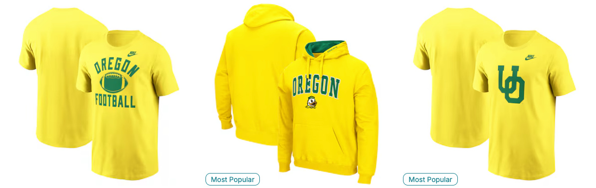 Bright yellow Oregon Ducks Nike apparel lineup featuring an Oregon Football t-shirt, classic hoodie with the Oregon O and Duck logo, and an interlocking “UO” t-shirt. Deals on top-selling fan gear and seats for 2025 Oregon game days at www.Ducks4.Life