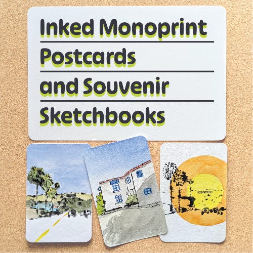Advertisement image for Inked Monoprint Postcards and Souvenir Sketchbooks workshop. Image of students in workshop.