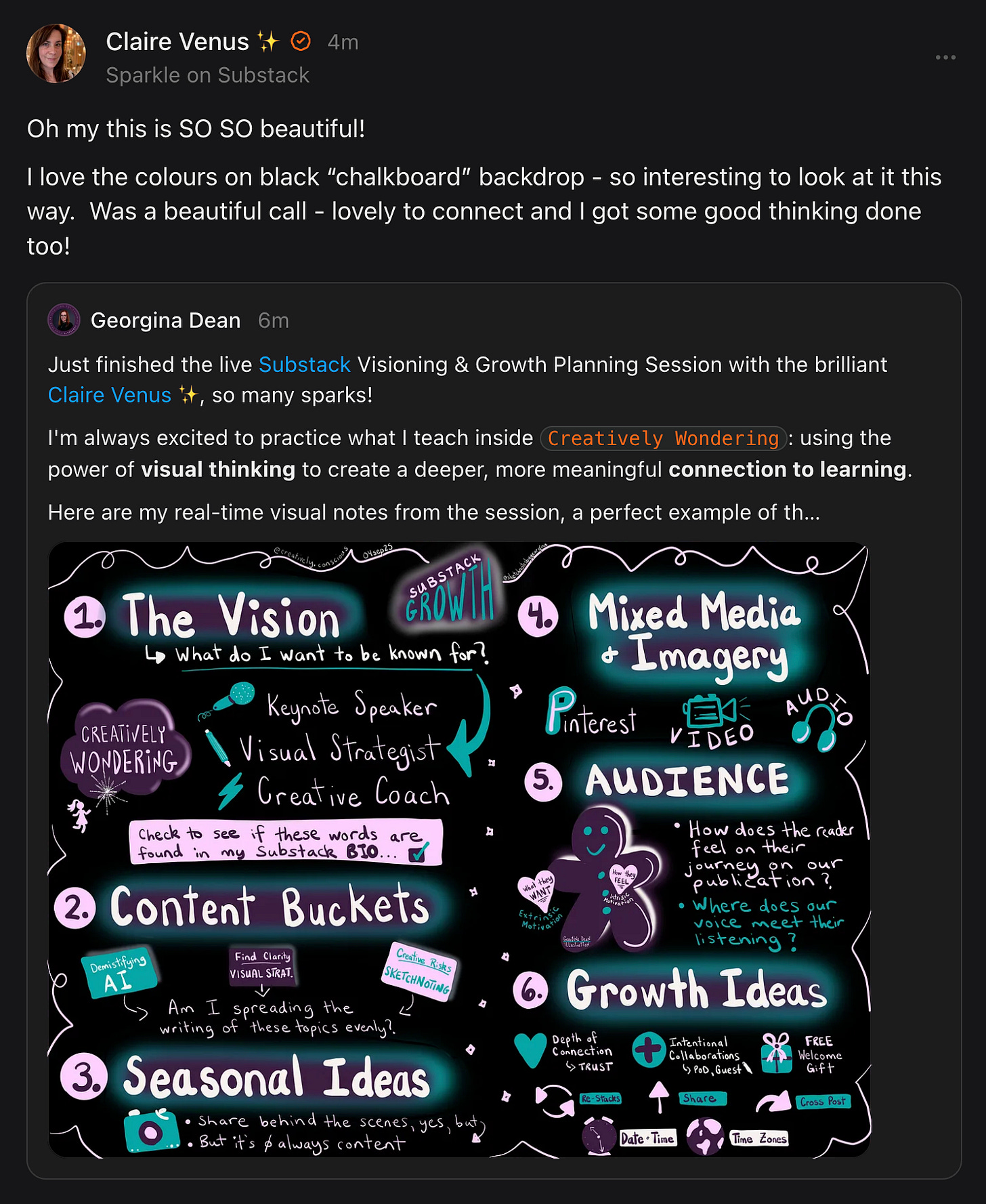 A screenshot of a Substack Note by Claire Venus. She has re-stacked a post by Georgina Dean featuring a vibrant digital sketchnote on a black background. Claire's commentary reads: "Oh my this is SO SO beautiful! I love the colors on black 'chalkboard' backdrop - so interesting to look at it this way. Was a beautiful call - lovely to connect and I got some good thinking done too!" The post showcases Georgina's live scribing skills for the "Audience Alchemy" workshop.