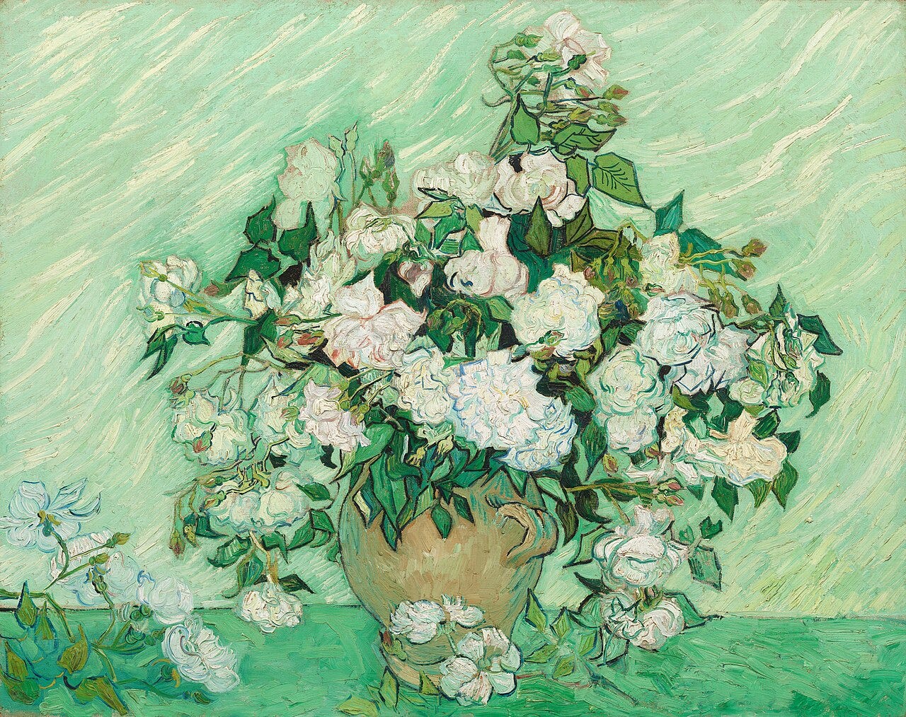 A full bouquet of pale roses in a green vase against a light background in thick paint A full bouquet of pale roses in a green vase against a light background in thick paint
