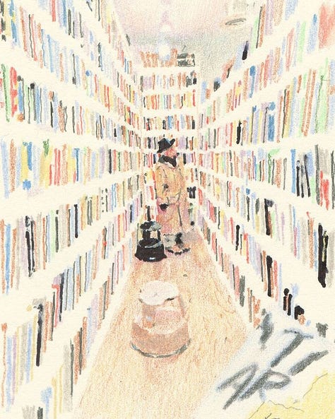 A collage of seven soft, dreamlike paintings by Lee Kyutae depicting quiet streets, blue skies, a reflective pond, a long bookshop, a circular street mirror, a riverside path, and a busy city scene, all rendered in pale greens, blues, and whites.