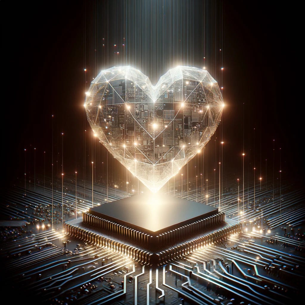 A symbolic image depicting the concept of love in the digital age. The scene features a translucent, geometric heart composed of various digital elements like circuits and binary code, glowing gently in the center of a dark, abstract background. Light beams softly emanate from the heart, symbolizing the warmth and depth of emotion possible even within a digital framework. This heart floats above a sleek, minimalist representation of a computer motherboard, highlighting the blend of technology and emotion.