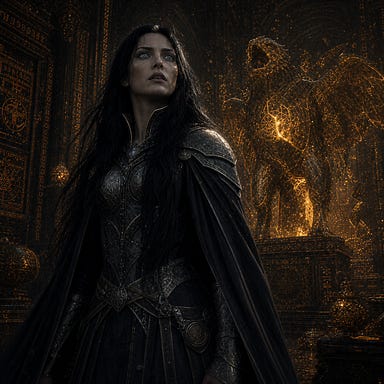 Clarion, towering and cathedral‑still, with long raven‑black hair and pale steel‑blue eyes, reacting with solemn shock and defiant resolve as she realizes the Amber Temple has chosen her, silver‑and‑midnight palette catching the amber glow