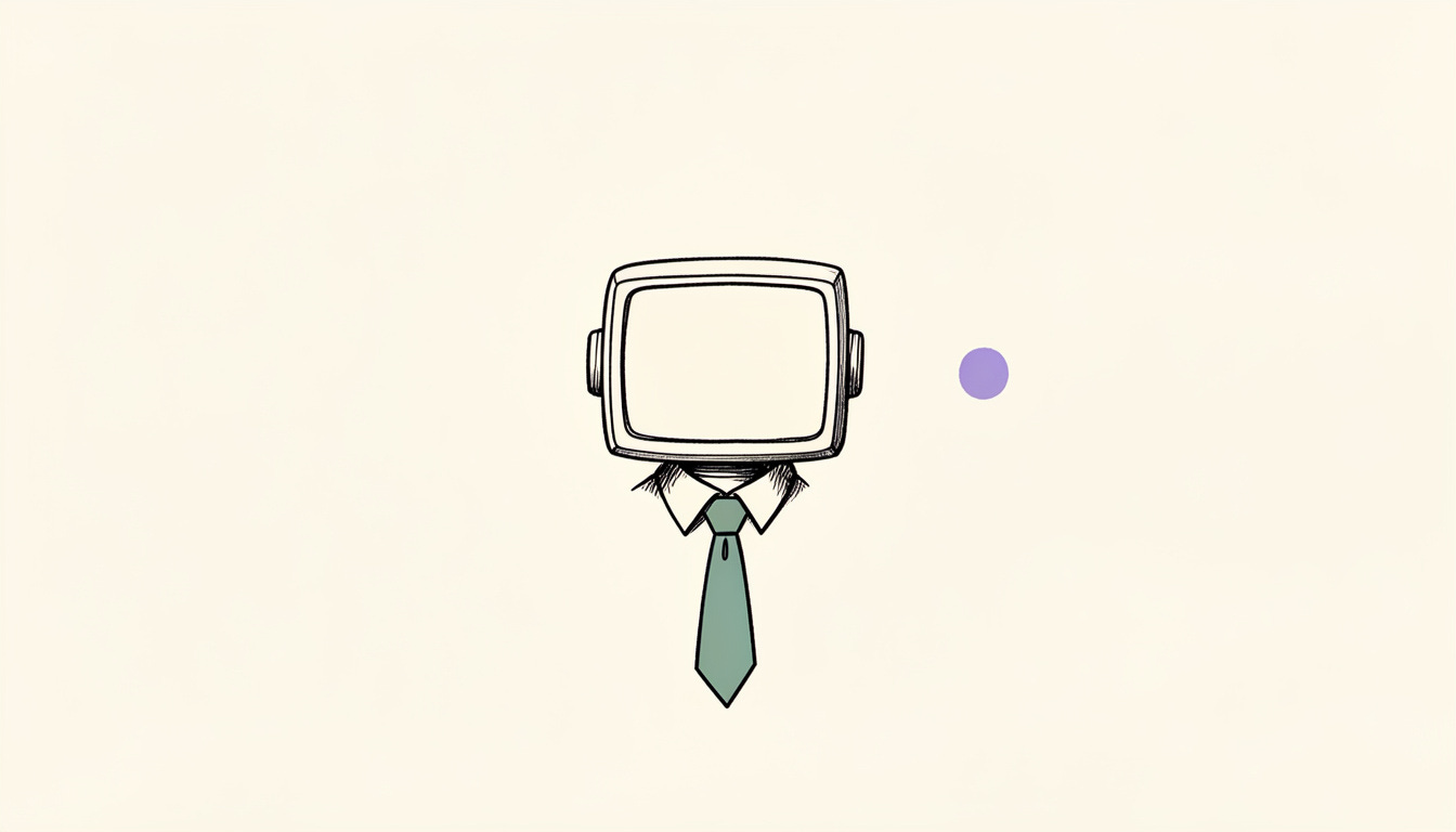 A simple line drawing of a square robot head with a blank empty screen for a face, wearing a white shirt collar and a sage green necktie. A small lavender dot sits to the right on a cream background. Editorial spot illustration in the style of Christoph Niemann.