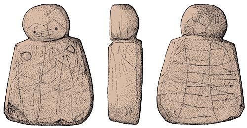 A sketch of a small stone figure from front, back and sides. She is a rectangle with small round head. Her eyebrows are arched, giving her a quizzical look. 