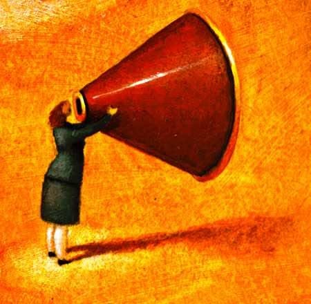 This may contain: a woman holding a red bullhorn over her head