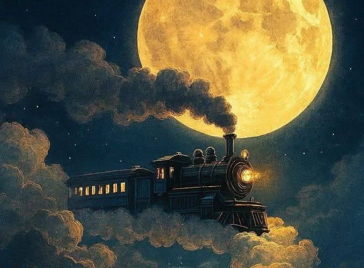 This may contain: a painting of a train traveling through the night sky with a full moon in the background