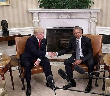 U.S. President Barack Obama shakes hands with President-elect Donald Trump