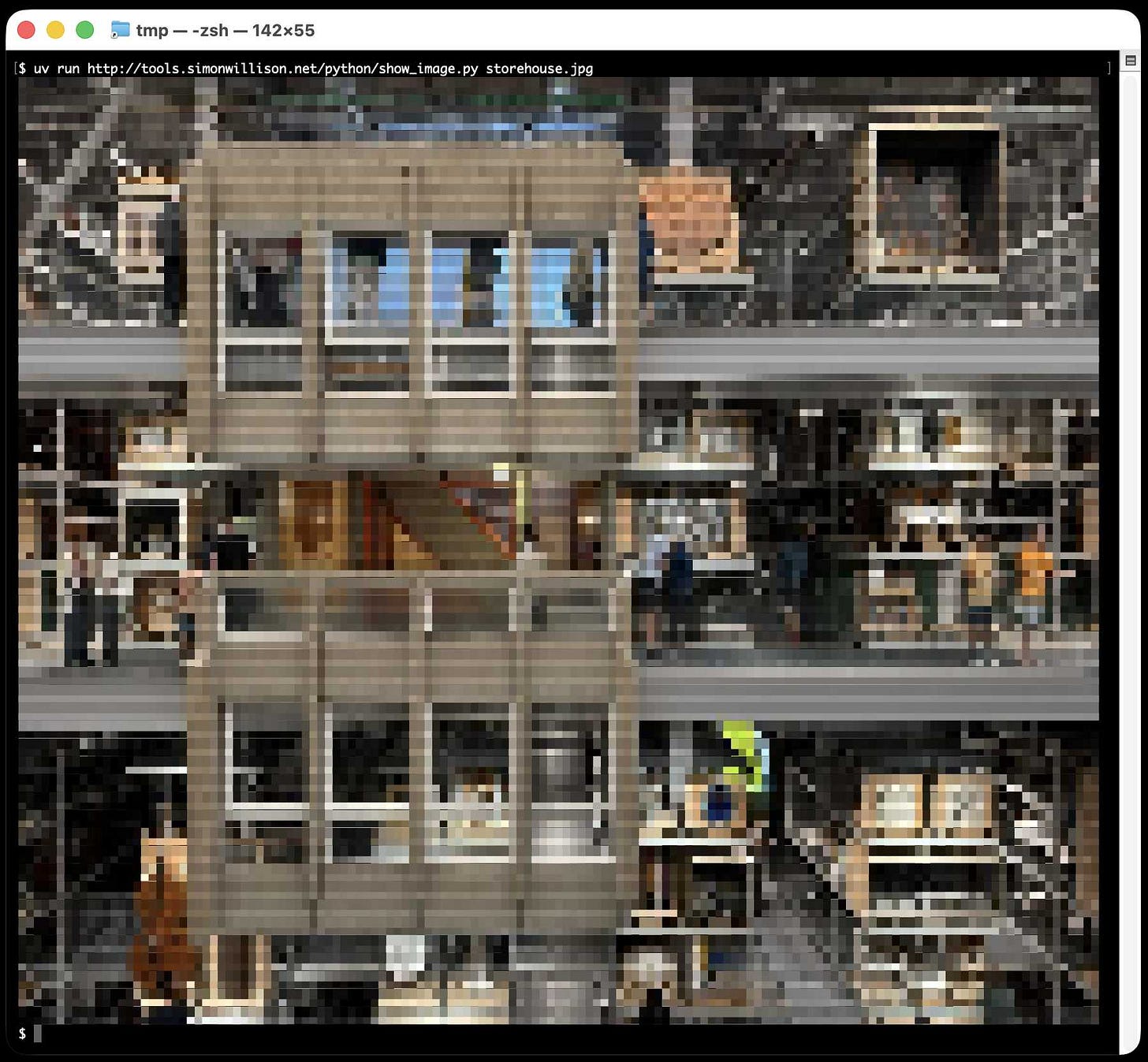 Terminal window. I ran that command and it spat out quite a pleasing and recognizable pixel art version of the photograph. Terminal window. I ran that command and it spat out quite a pleasing and recognizable pixel art version of the photograph.