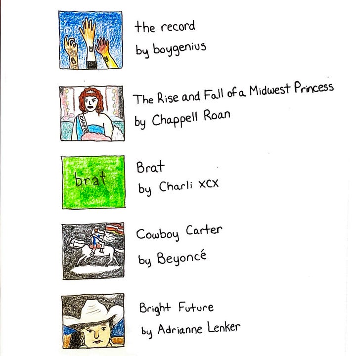 Emory (left) and Jo's top 5 albums; illustrated album covers with their titles and artists beside them.
