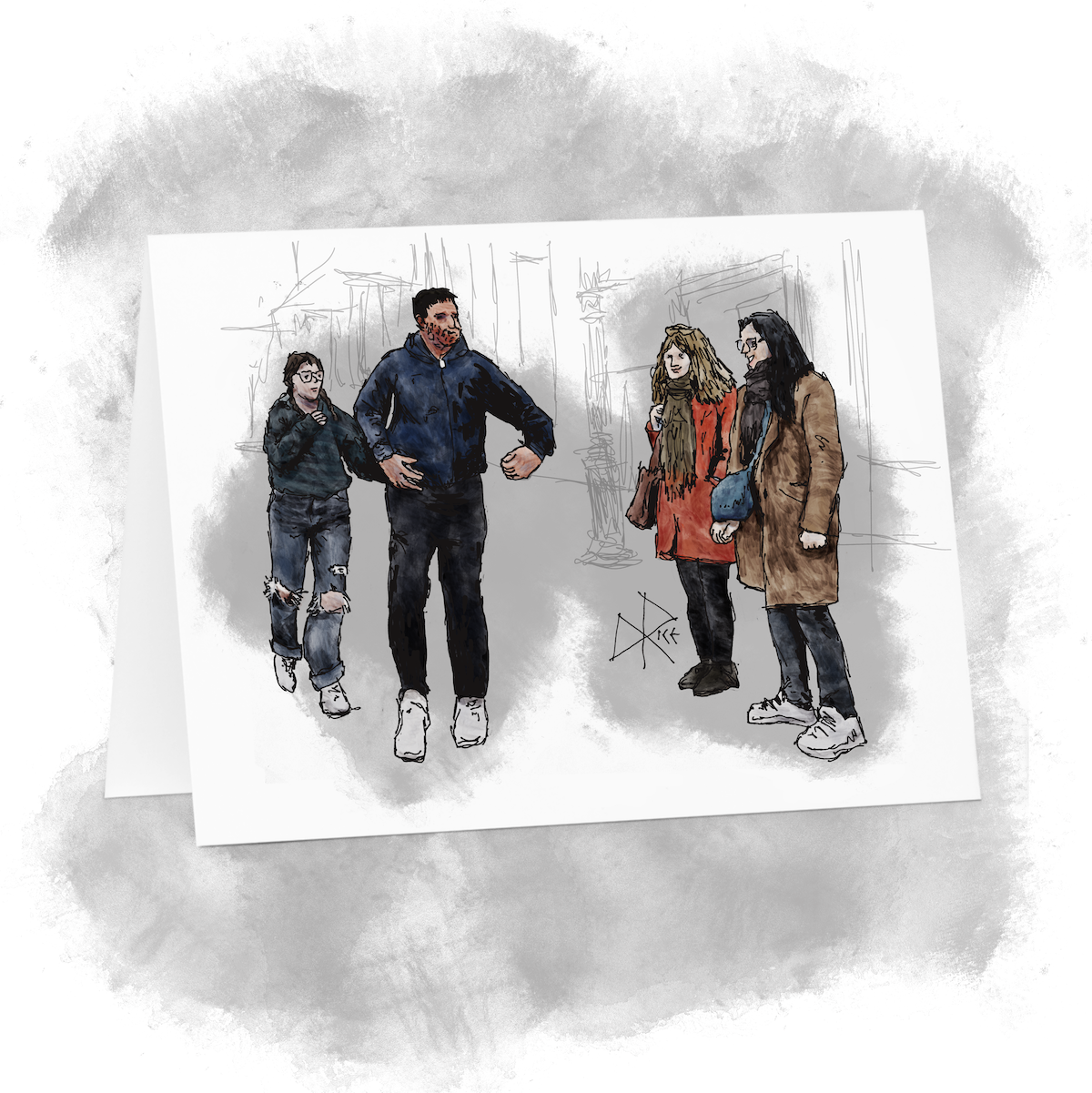 Standing on a sidewalk, two women stand and smile as a man and woman pass by in front of them. The man is practically performing while maintaining his forward motion. Sketch art by Don Rice. Standing on a sidewalk, two women stand and smile as a man and woman pass by in front of them. The man is practically performing while maintaining his forward motion. Sketch art by Don Rice.