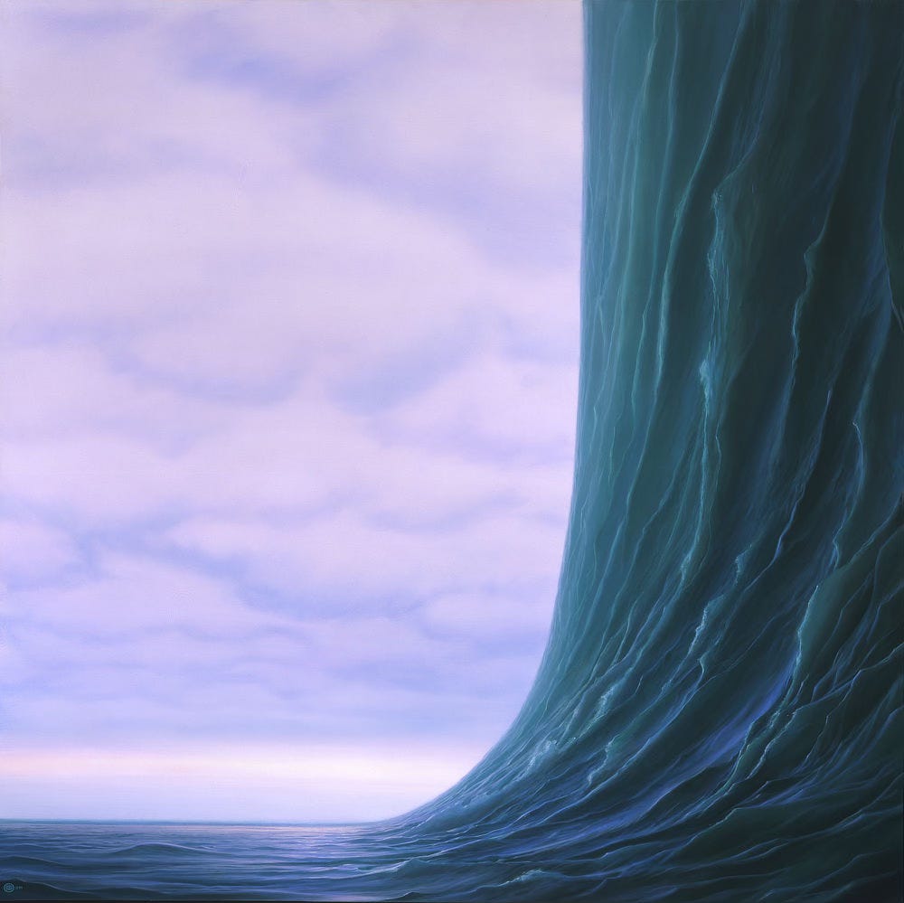 An exponential curve expressed as a massive wave of green-blue water that climbs to vertical against a sky of puffy lavender clouds. Light breaks through the cloud cover just over the horizon casting a flat glare across rippling water before the wave climbs. Fin-like ridges emerge running up the wall give the water turbulence and dimension. An exponential curve expressed as a massive wave of green-blue water that climbs to vertical against a sky of puffy lavender clouds. Light breaks through the cloud cover just over the horizon casting a flat glare across rippling water before the wave climbs. Fin-like ridges emerge running up the wall give the water turbulence and dimension.