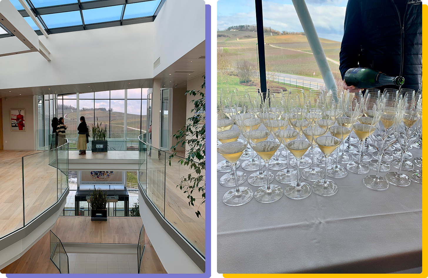 Photo of the building's interior and our champagne pours