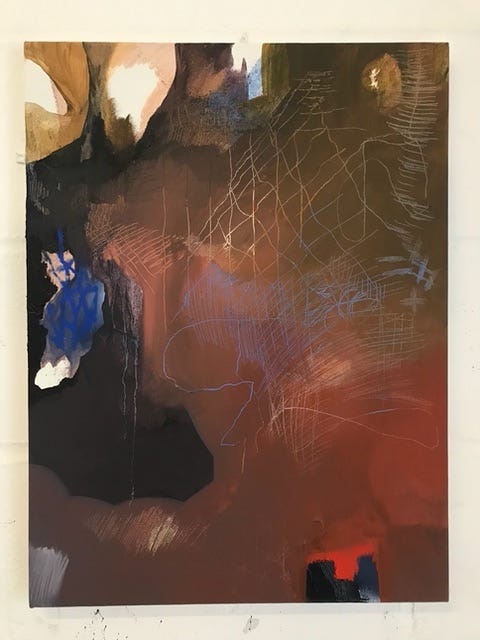 abstract painting in range of colours, features include blue mesh object to the left and a house like structure on the bottom right. canvas is painted in layers and some of the brush marks reveal layers underneath.