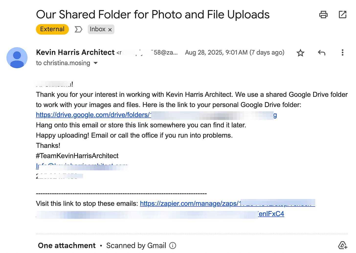 Plain text email from Zapier automation showing basic Google Drive folder link notification without any formatting or branding