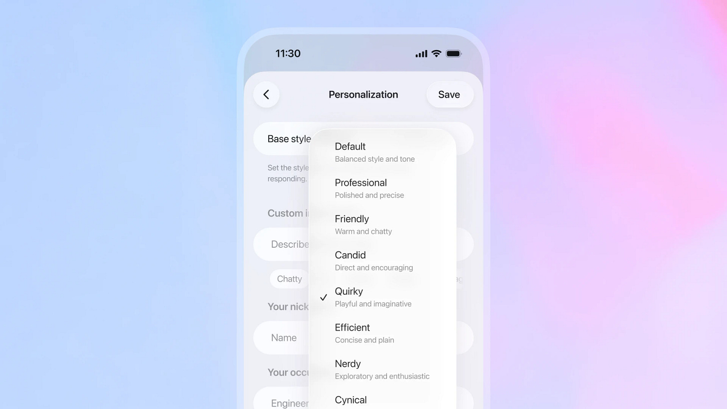 Mobile interface showing a ‘Personalization’ settings screen. The user is selecting a base style for ChatGPT’s tone and voice from a dropdown menu. Options listed include: Default (balanced style and tone), Professional (polished and precise), Friendly (warm and chatty), Candid (direct and encouraging), Quirky (playful and imaginative, currently selected), Efficient (concise and plain), Nerdy (exploratory and enthusiastic), and Cynical.