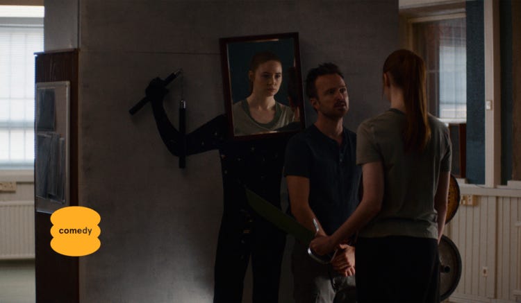 Aaron Paul and Karen Gillan in Dual. Courtesy of Sundance Institute.