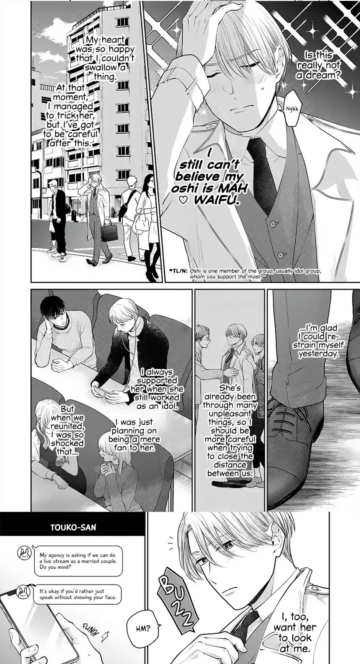 Panels from Chapter 2 Dekiai Zentei, Keiyakukon. ~Iwashiro Bengoshi wa Ai ga Deka Sugiru!?~ where Yuuji thinks about how incredible it is that he's married to Touko after being a fan from her idol days