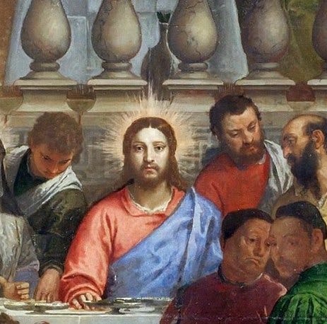 Detail of Christ at the exact center of the Wedding at Cana, facing the viewer in a red tunic and blue mantle with a halo of short rays, hands on the white tablecloth Detail of Christ at the exact center of the Wedding at Cana, facing the viewer in a red tunic and blue mantle with a halo of short rays, hands on the white tablecloth