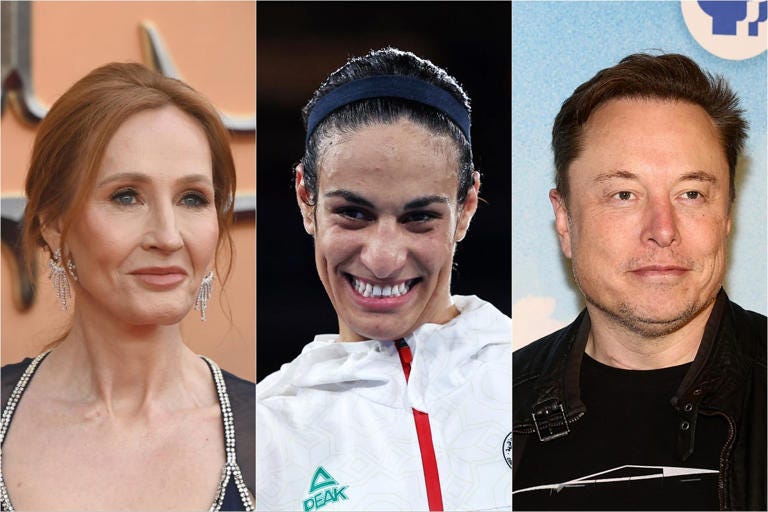 (From left) JK Rowling, Imane Khelif and Elon Musk