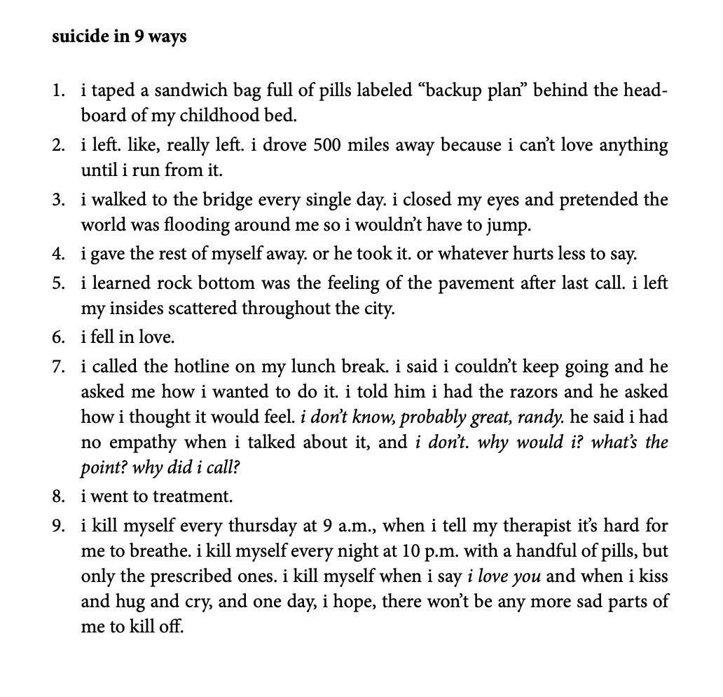 a screenshot of the poem suicide in 9 ways by ari b cofer