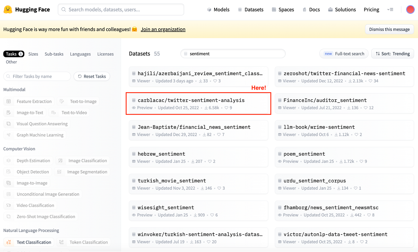 Screenshot of Hugging Face Datasets Hub main view. Selecting Sentiment analysis datasets. Screenshot of Hugging Face Datasets Hub main view. Selecting Sentiment analysis datasets.