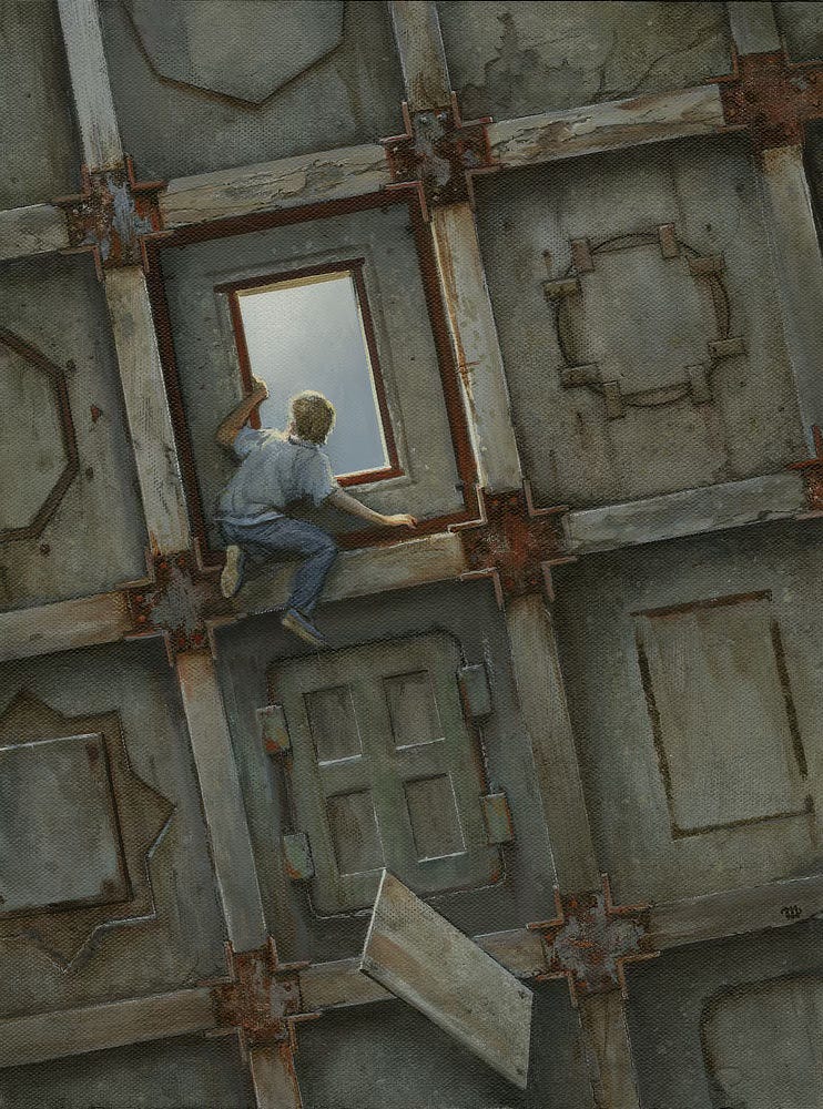 A boy rests on a ledge to peer out an open panel in a huge concrete facade that is divided into recessed rectangles. At the intersection of the concrete support beams, the cross braces rust over. Each rectangle on the wall contains a different shape (circle, hexagon, 8-pointed star) sealed and closing off the view outside. Below the boy, a panel tumbles down as he props his hand on the rusted metal frame. Beyond is blue-gray sky.