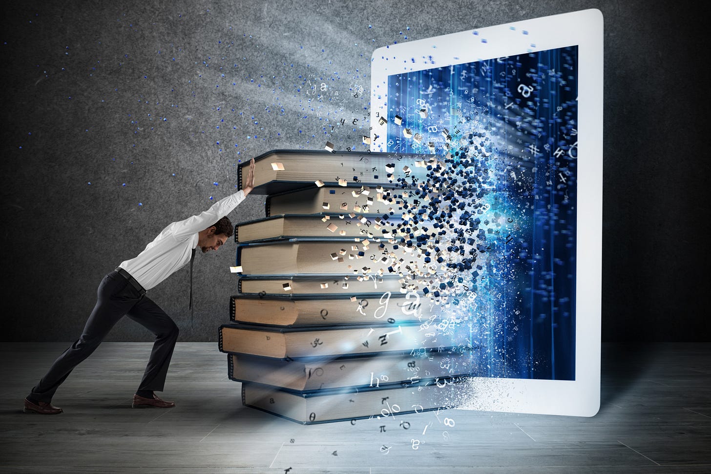 man pushing books through an ipad