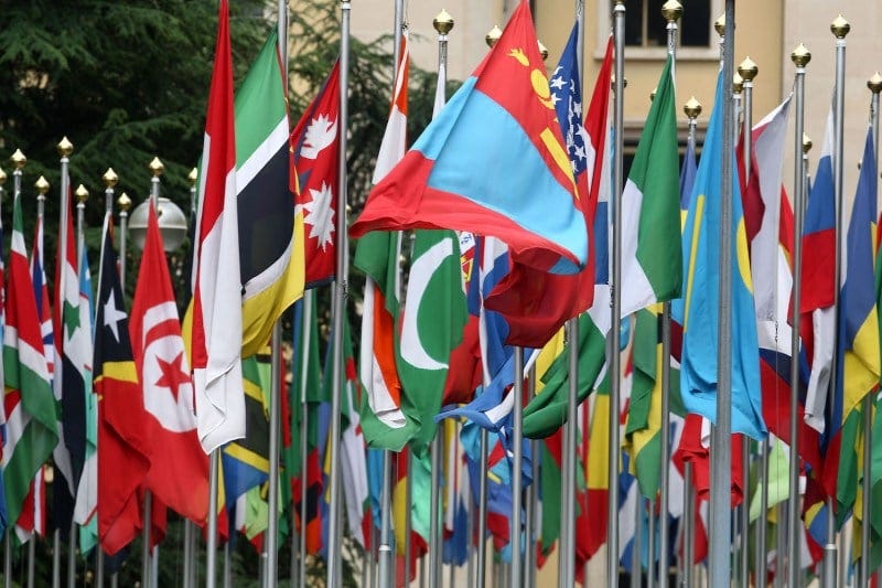 Numerous national flags are seen in front of the United Nations Office on June 8, 2008 in Geneva, Switzerland.
