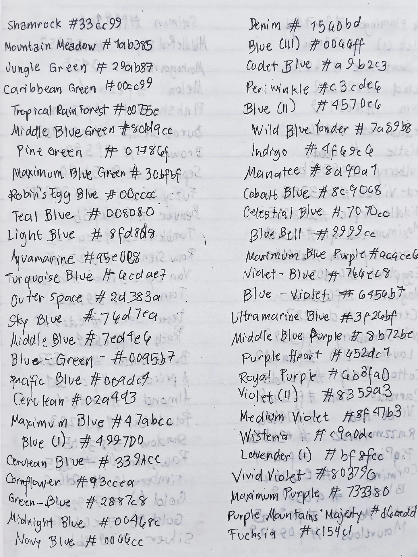 Handwritten list of color names with their corresponding hexadecimal codes, organized in two columns.
