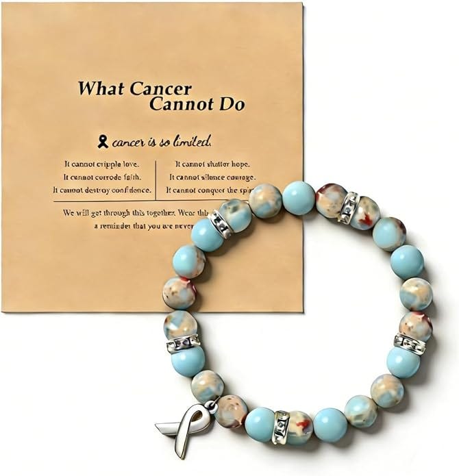 KORATER Best Cancer Gifts for Women Men Natural Stone Bead Ribbon Charm Bracelet Anxiety Relief Items Breast Cancer Decorations