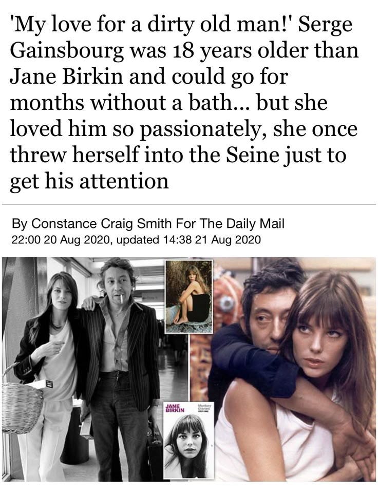 This may contain: an article with photos of people and the caption reads, my love for a dirty old man'sege gainsburg was 18 years older than jane brink and could go for months without a bath