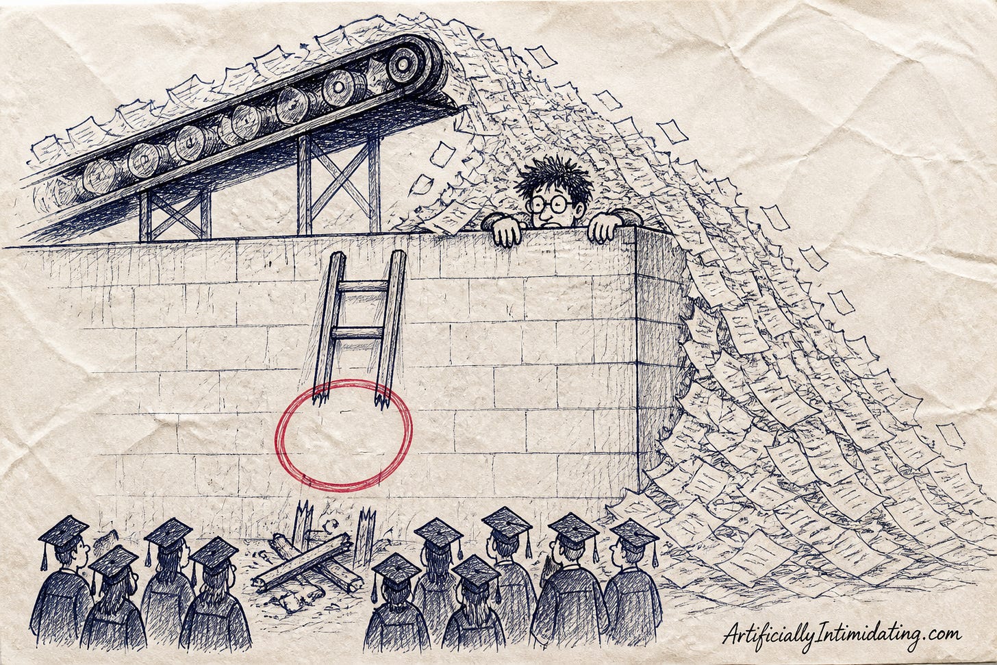 Hand-drawn editorial cartoon: a conveyor belt dumps an avalanche of review paperwork onto a lone engineer clinging to the top of a wall; the ladder below is missing its bottom rungs, circled in red, while a crowd of graduates looks up unable to climb.
