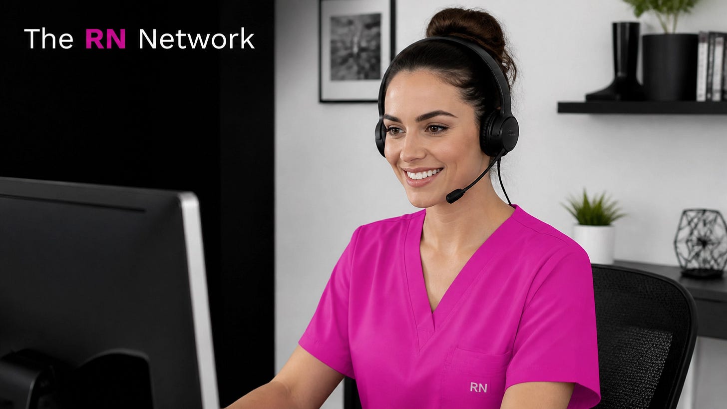 A professional female nurse in pink scrubs and a headset working remotely from a modern home office with The RN Network logo. A professional female nurse in pink scrubs and a headset working remotely from a modern home office with The RN Network logo.
