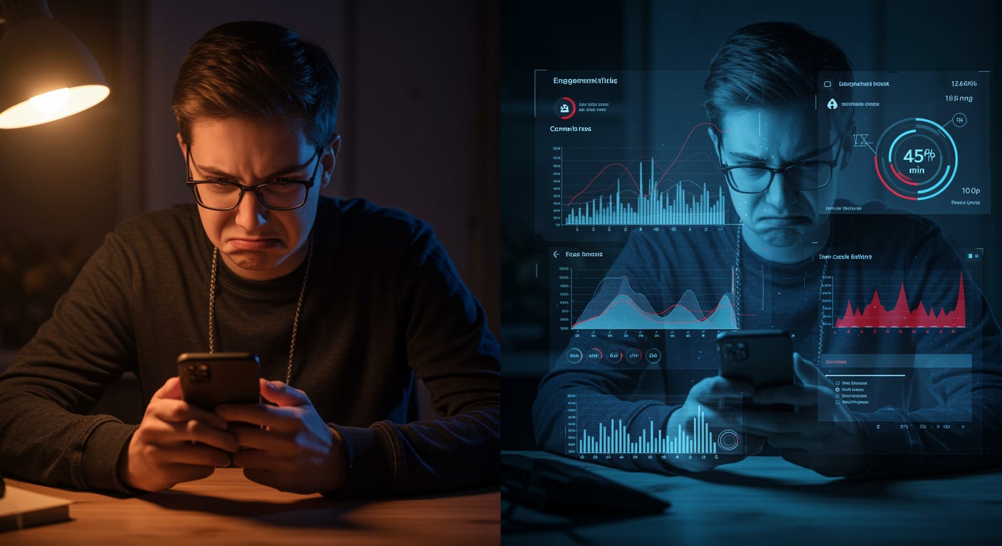 Split screen showing person with disgusted expression scrolling phone contrasted with data visualization revealing 45 minutes spent engaging with the content they claim to hate