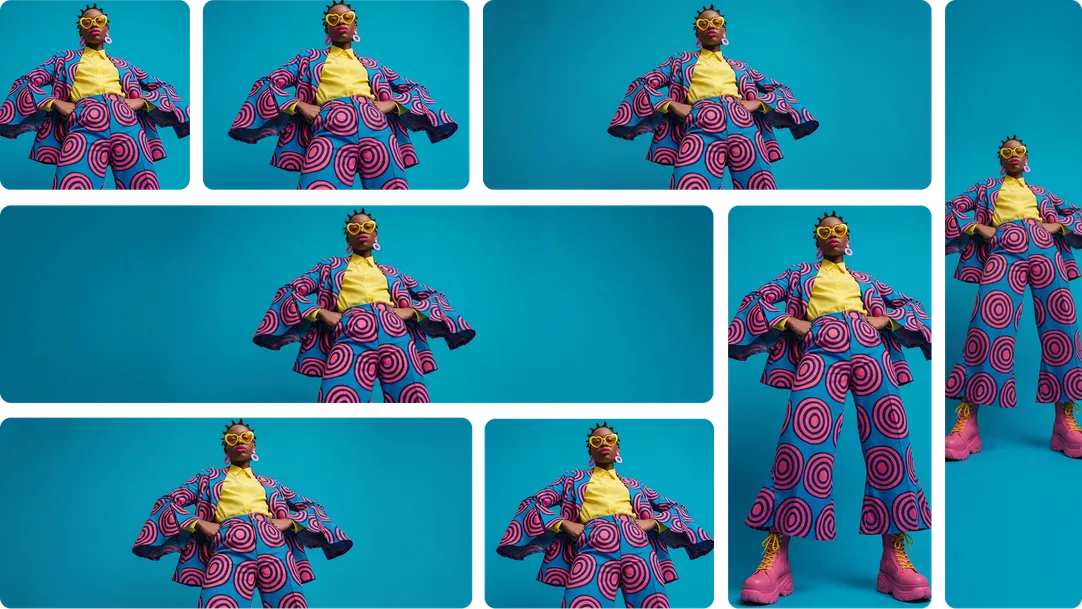 A vibrant pop-art style image of an individual in a striking suit with blue swirling patterns and pink circles, wearing heart-shaped sunglasses, posed against a solid cerulean blue background, in different aspect ratios