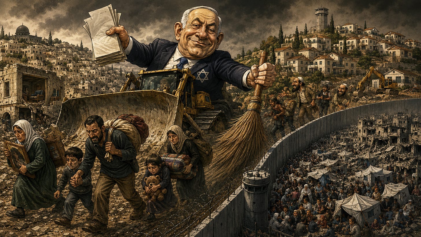 Textlose politische Karikatur: Eine riesige, lächelnde israelische Figur — Netanjahu — im Anzug sitzt auf einem Bulldozer und hält Ausweisungspapiere sowie einen großen Besen in den Händen. Vor ihm fliehen palästinensische Familien mit Säcken, Decken und persönlichen Gegenständen aus zerstörten Häusern. Im Hintergrund breiten sich Siedlungen über die Hügel aus, während rechts eine Menge vertriebener Zivilisten in einem verwüsteten Raum eingeschlossen ist, voller Zelte, Ruinen, Mauern und Stacheldraht. Textlose politische Karikatur: Eine riesige, lächelnde israelische Figur — Netanjahu — im Anzug sitzt auf einem Bulldozer und hält Ausweisungspapiere sowie einen großen Besen in den Händen. Vor ihm fliehen palästinensische Familien mit Säcken, Decken und persönlichen Gegenständen aus zerstörten Häusern. Im Hintergrund breiten sich Siedlungen über die Hügel aus, während rechts eine Menge vertriebener Zivilisten in einem verwüsteten Raum eingeschlossen ist, voller Zelte, Ruinen, Mauern und Stacheldraht.