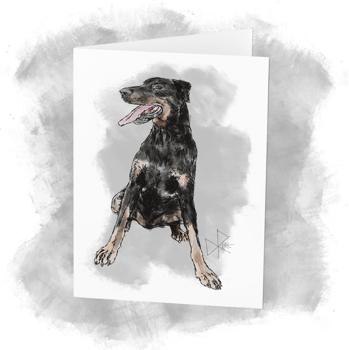 A seated Dobermann Pinscher, looking pretty with his tongue out. Sketch art by Don Rice. A seated Dobermann Pinscher, looking pretty with his tongue out. Sketch art by Don Rice.