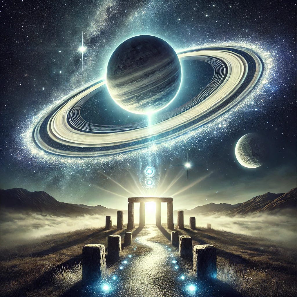 A mystical cosmic scene representing Saturnian energy on a powerful astrological day. The image features the planet Saturn glowing majestically in the night sky, surrounded by deep indigo and silver celestial hues. The rings of Saturn radiate with shimmering stardust, symbolizing structure and wisdom. Below, an ancient stone circle stands under a luminous full moon, evoking themes of discipline, karma, and mastery. Ethereal light beams descend from the cosmos, illuminating a pathway of cosmic transformation and self-reflection. The scene exudes a balance between mystery and clarity, inviting deep introspection. A mystical cosmic scene representing Saturnian energy on a powerful astrological day. The image features the planet Saturn glowing majestically in the night sky, surrounded by deep indigo and silver celestial hues. The rings of Saturn radiate with shimmering stardust, symbolizing structure and wisdom. Below, an ancient stone circle stands under a luminous full moon, evoking themes of discipline, karma, and mastery. Ethereal light beams descend from the cosmos, illuminating a pathway of cosmic transformation and self-reflection. The scene exudes a balance between mystery and clarity, inviting deep introspection.