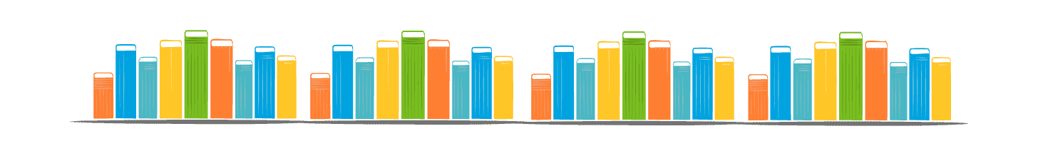 A series of colorful books lined up on a shelf.