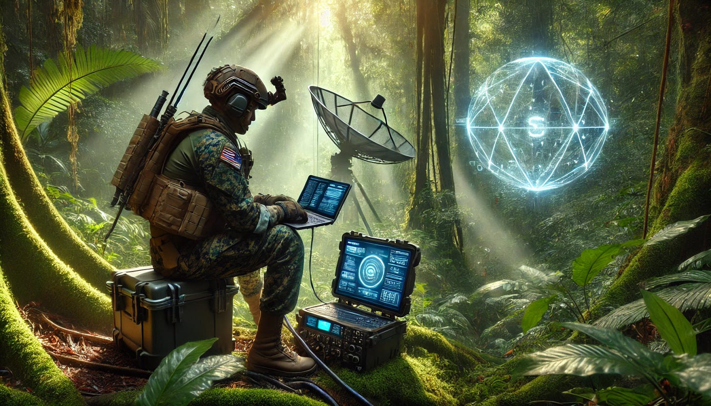 A U.S. Marine in full combat gear setting up satellite communication in a dense jungle environment. He is kneeling on the forest floor, operating a small rugged military laptop connected to a satellite uplink dish. The jungle is lush and green, with thick foliage, towering trees, and mist in the background. The Marine's laptop screen displays glowing holographic AI symbols and data projections, indicating advanced communication technology. Sunlight filters through the canopy, casting dappled shadows on the Marine and his equipment, creating a high-tech yet natural atmosphere. A U.S. Marine in full combat gear setting up satellite communication in a dense jungle environment. He is kneeling on the forest floor, operating a small rugged military laptop connected to a satellite uplink dish. The jungle is lush and green, with thick foliage, towering trees, and mist in the background. The Marine's laptop screen displays glowing holographic AI symbols and data projections, indicating advanced communication technology. Sunlight filters through the canopy, casting dappled shadows on the Marine and his equipment, creating a high-tech yet natural atmosphere.