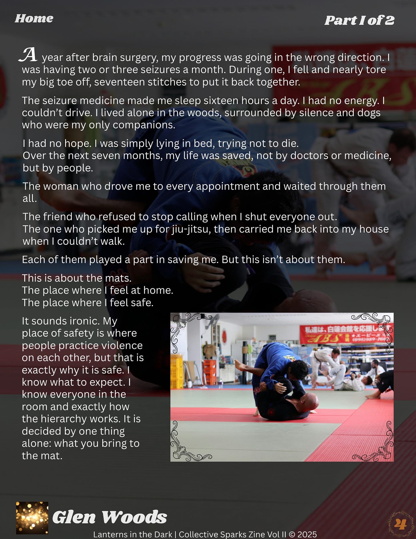 Two people practicing Brazilian jiu-jitsu on padded mats, with one grappler on top of the other while additional practitioners train in the background of a gym.